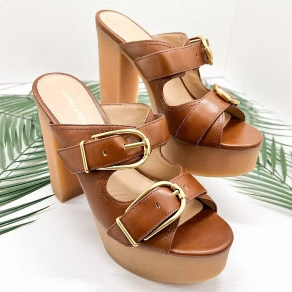 Veronica Beard Garrick Brown Leather Dual Buckle Platform Sandals Size 9M NWB